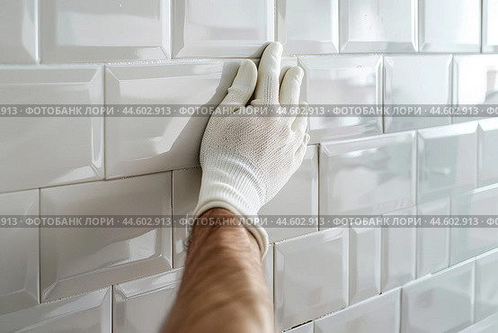 Male Worker Master Laying Ceramic Tiles on the Wall of Kitchen. Repairman Placing White Modern Tiles, Spreading Adhesive. Builder Installing Tile at Repair Renovation Work. Professional Tiling. Стоковое AI-изображение, AI-художник Марина Демидюк / Фотобанк Лори