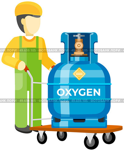 Male worker transporting gas cylinder, canister with oxygen on warehouse trolley. Metal tank with liquefied compressed oxygen. Pressurized gas cylinder, storage with tap for substance release. Male worker transporting gas cylinder, canister with oxygen, metal tank on warehouse trolley. Стоковая иллюстрация, агентство Ingram Publishing / Фотобанк Лори