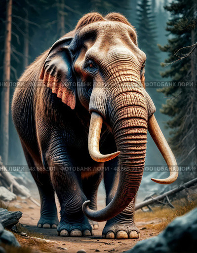 Mammoth (lat. Mammuthus) - an extinct genus of mammals of the crusted detachment. Animals usually had long curved tusks, and species that live in polar areas with long wool. They reached a height of 5.5 meters and body weight 14-15 tons. Стоковое AI-изображение, AI-художник Сергей Елизарьев / Фотобанк Лори