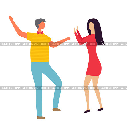 Man and woman dancing in club isolated. Vector couple having fun flat style, dancers moving in rhythm, people leading active night life, happy dating lovers. Man and Woman Dancing Club Isolated. Vector Couple. Стоковая иллюстрация, агентство Ingram Publishing / Фотобанк Лори