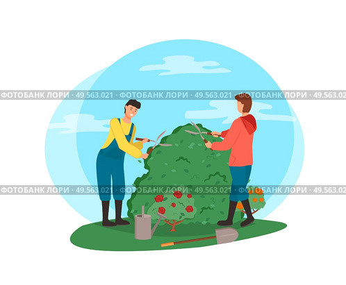 Man and woman tending bushes vector, people cutting flora with special gardening scissors, roses and flowering plant with foliage and frondage isolated. Farming People Man and Woman Cutting Bushes Vector. Стоковая иллюстрация, агентство Ingram Publishing / Фотобанк Лори