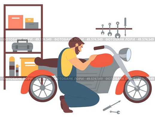 Man at mechanics shop vector, person fixing motorcycle, hobby of male in garage with tools. Person tunning motorbike, transport fixation machinery interest. Man Repairing Motorbike, Motorcycle Fixing Vector. Стоковая иллюстрация, агентство Ingram Publishing / Фотобанк Лори