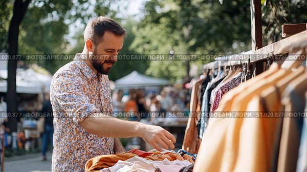 Man browsing secondhand clothes at an outdoor market on a sunny day, enjoying a casual shopping experience surrounded by racks of colorful garments and greenery. Стоковое AI-изображение, AI-художник Катерина Бондарец / Фотобанк Лори