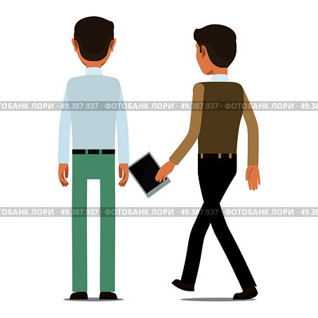 Man character in business casual standing backwards and walking with tablet in hand flat vector illustration isolated on white background. Office worker backward icon for business concept design. Office Worker Backward Icon Flat Vector. Стоковая иллюстрация, агентство Ingram Publishing / Фотобанк Лори