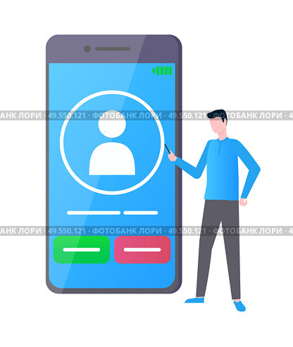 Man character portrait view holding phone, touchscreen gadget with outgoing call, flat style of mobile and standing person using smartphone vector. Man Using Touchscreen Phone, Communication Vector. Стоковая иллюстрация, агентство Ingram Publishing / Фотобанк Лори