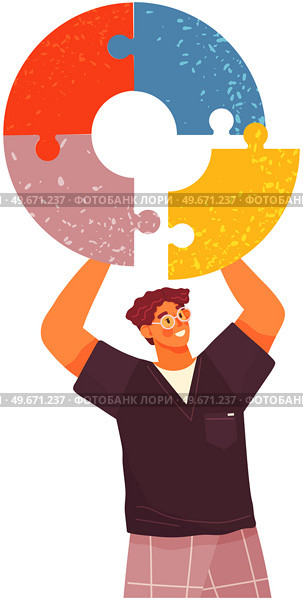 Man collects round puzzle. Cognitive development, mental mindset, creative thinking. Male character assembles pieces of puzzle into coherent whole. Psychological trick for creativity and intelligence. Man collects round puzzle. Cognitive development, mental mindset, creative thinking concept. Стоковая иллюстрация, агентство Ingram Publishing / Фотобанк Лори