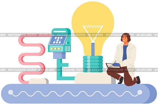 Man controls machine industry with light bulb. Development solution, manufacturing process, production concept. Scientist or engineer works with equipment. Recording indicators of industrial machinery. Man controls machine industry with light bulb. Scientist works with modern equipment at production. Стоковая иллюстрация, агентство Ingram Publishing / Фотобанк Лори