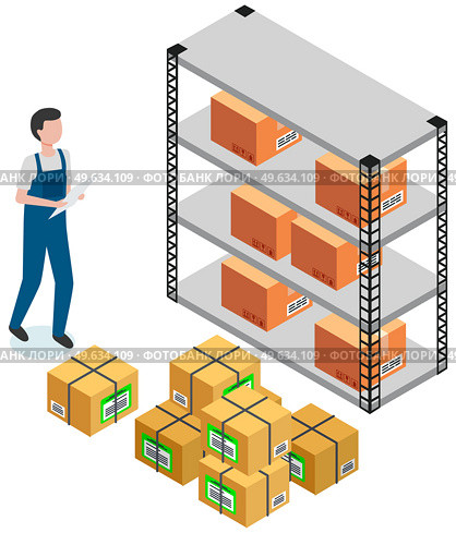Man counts quantity of cardboard containers and boxes with goods. Containers stand on shelves. Shelving in delivery service. Person working in warehouse for storing parcels for shipment from china. Person working in warehouse for storing parcels. Man counts quantity of cardboard containers. Стоковая иллюстрация, агентство Ingram Publishing / Фотобанк Лори