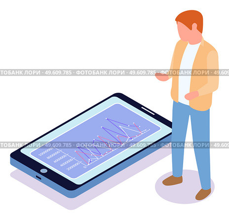 Man estimates demand indicators on the screen of a mobile phone using a special application. Businessman seller watching sales statistics. The buyer analyzes the price of the goods on graph indicators. Man estimates demand indicators on the screen of a mobile phone using a special application. Стоковая иллюстрация, агентство Ingram Publishing / Фотобанк Лори