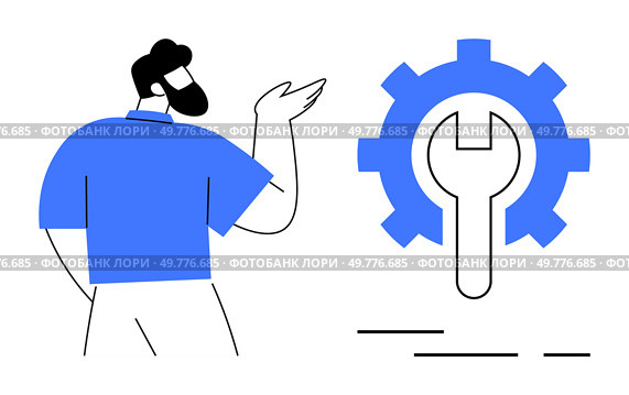 Man gesturing towards a gear with a wrench in the center, symbolizing technical support. Ideal for technology, customer service, maintenance, repairs, engineering, IT services, and instructional. Man Presenting Gear and Wrench Icon Symbolizing Technical Support and Maintenance Services. Стоковая иллюстрация, агентство Ingram Publishing / Фотобанк Лори