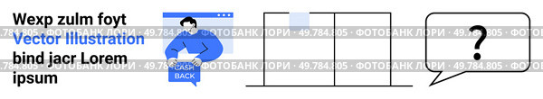 Man holding a Welcome Back sign, two rectangular screens, and speech bubble with question mark. Ideal for web design, user onboarding, customer support, education, communication tools, corporate. Man holding welcome back sign, two screens, and speech bubble with question mark. Стоковая иллюстрация, агентство Ingram Publishing / Фотобанк Лори