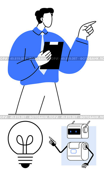 Man holding clipboard, pointing robot gesturing with antennae lightbulb icon. Ideal for technology, business innovation, AI, collaboration, teamwork, creativity, productivity. Line metaphor. Business Professional Holding Clipboard With Robot Assistant and Idea Bulb Symbolizing Innovation. Стоковая иллюстрация, агентство Ingram Publishing / Фотобанк Лори