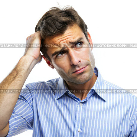 Man Holding Head in Puzzlement. Generative AI. Стоковое AI-изображение, AI-художник Roman Zavorotny / Фотобанк Лори