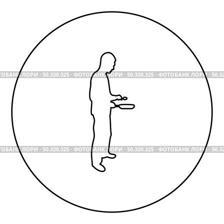 Man holds frying pan spoon Chef holding kitchen utensil Professional using Kitchen staff concept Domestic prepair food  silhouette in circle round black color vector illustration contour outline style image simple image. Man holds frying pan spoon Chef holding kitchen utensil Professional using Kitchen staff concept Domestic prepair food silhouette in circle round black color vector illustration contour outline style image . Стоковая иллюстрация, агентство Ingram Publishing / Фотобанк Лори