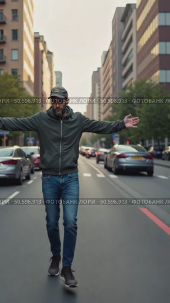 Man in casual clothes went or go with arms outstretched on a city street with cars and tall buildings. Urban lifestyle and freedom concept. Стоковое AI-видео, аниматор Sergey Grishin / Фотобанк Лори
