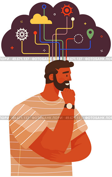 Man in process of thinking with mental mindset types or creative models to solve problem. Person with thoughts in shape of cloud. Developing creative thinking to deal with problems, find solutions. Man developing creative thinking with mental mindset types to deal with problems, find solutions. Стоковая иллюстрация, агентство Ingram Publishing / Фотобанк Лори
