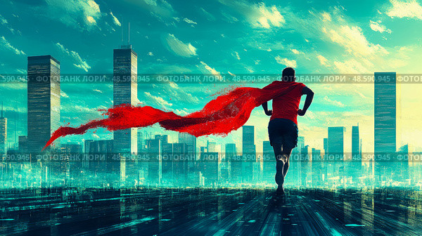 Man in red cloak sprinting through city, a concept art piece about power and determination. Стоковое AI-изображение, AI-художник Данила Большаков / Фотобанк Лори