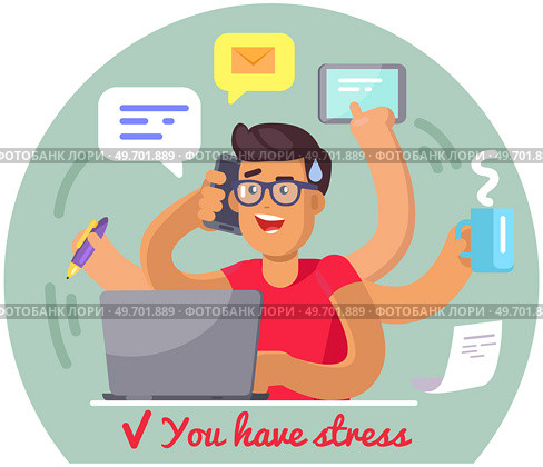 Man in stress doing simultaneously many tasks. Male employee trying to deal with deadlines. Overworking, overload at work. Person with many hands coping with multitasking, time management, planning. Man in stress doing simultaneously many tasks. Male employee trying to deal with deadlines. Стоковая иллюстрация, агентство Ingram Publishing / Фотобанк Лори