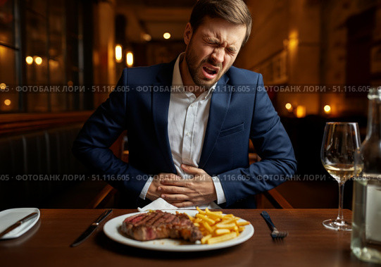 Man in suit experiencing discomfort after overeating unhealthy food at a restaurant table. Стоковое AI-изображение, AI-художник Гайфуллина Дина / Фотобанк Лори