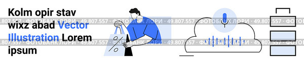 Man ironing clothes, blue microphone cloud icon, three stackable boxes on side, placeholder text blocks. Ideal for technology, home chores, cloud services, voice recognition, storage household. Man ironing, microphone cloud icon, stacked boxes with text elements in simple clean design. Стоковая иллюстрация, агентство Ingram Publishing / Фотобанк Лори