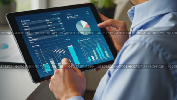 Man is holding a tablet and looking at a graph. Стоковое AI-видео, аниматор Sergey Grishin / Фотобанк Лори
