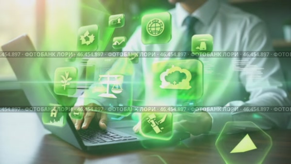 Man is using a laptop with a green screen that has a lot of icons on it. Стоковое AI-видео, аниматор Sergey Grishin / Фотобанк Лори