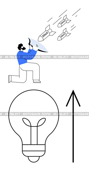 Man kneels holding shield deflecting incoming threats labeled Data and Spam, large light bulb and arrow beneath. Ideal for themes of cybersecurity, defense strategy, innovation, progress, protection. Man Defending with Shield from Data Breaches Above Light Bulb and Upward Arrow, Concept of Protection. Стоковая иллюстрация, агентство Ingram Publishing / Фотобанк Лори