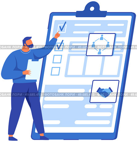 Man looking at checklist with results of social surveys, customer data. Person working with task done list and check mark ticks on paper sheet. Businessman checks correctness of document on clipboard. Man looking at checklist with results of social surveys. Businessman checks document on clipboard. Стоковая иллюстрация, агентство Ingram Publishing / Фотобанк Лори