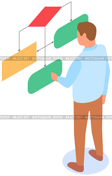 Man looking at whiteboard with schemes vector, programmer examining charts and info on board. Male character is considering color block diagram with information, analyzes data, research project. Man looking at whiteboard with schemes vector, programmer examining charts and info on board. Стоковая иллюстрация, агентство Ingram Publishing / Фотобанк Лори