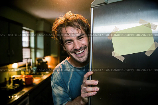 Man looks out from behind a refrigerator with a yellow sticker on it. Стоковое AI-изображение, AI-художник Дмитрий Киселёв / Фотобанк Лори