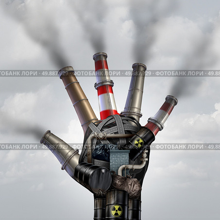 Man made pollution toxic smoke stop symbol as a dirty industrial factory with garbage smoke stacks and a petrochemical refinery plant shaped as a human open hand polluting the environment with toxins in the air. Стоковое фото, агентство Ingram Publishing / Фотобанк Лори