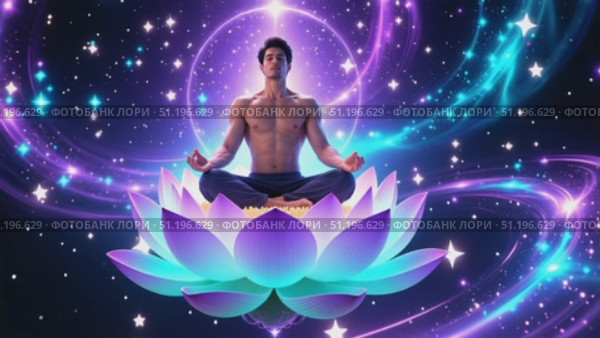 Man Meditating on Floating Lotus with Starry Cosmos. Стоковое AI-видео, аниматор Виктория Кольцова / Фотобанк Лори