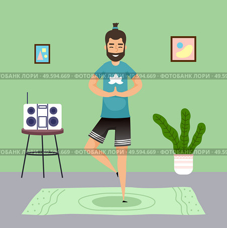 Man practicing yoga at home. Meditation pose, young guy with ponytail meditate standing at one leg at carpet. Keep calm. Music center, houseplant, pictures at wall. Qurantine isolation. Stay at home. Man practicing yoga, meditation pose, young guy with ponytail meditate standing at one leg. Стоковая иллюстрация, агентство Ingram Publishing / Фотобанк Лори