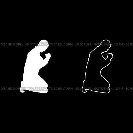 Man pray on his knees silhouette icon set white color vector illustration flat style simple image. Стоковая иллюстрация, агентство Ingram Publishing / Фотобанк Лори