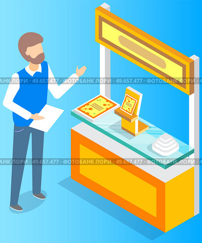 Man promoting near stand with presentation product catalogs. Leafleting, advertising campaign, work in marketing company, promotion concept. Male promoter is salling books vector illustration. Male promoter advertising books, leafleting near stand with presentation product catalogs. Стоковая иллюстрация, агентство Ingram Publishing / Фотобанк Лори