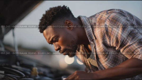 Man repairs car engine on roadside during sunset in rural area. Стоковое AI-видео, аниматор Сергей Толмачёв / Фотобанк Лори