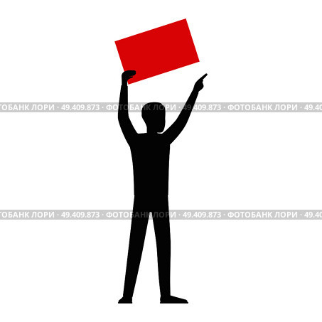Man silhouette holding bright blank board template with empty paper sheet vector illustration isolated on white background. Human showing red placard illustration for public protests concepts. Man Silhouette with Red Paper Sheet Vector. Стоковая иллюстрация, агентство Ingram Publishing / Фотобанк Лори