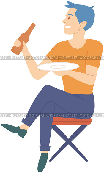 Man sitting on chair with bottle of beer. Guy resting, spending time alone and drinking alcohol. Lonely male character with alcohol addiction, alcoholism. Person drinking beer vector illustration. Man sitting on chair with bottle of beer. Guy resting, spending time alone and drinking alcohol. Стоковая иллюстрация, агентство Ingram Publishing / Фотобанк Лори