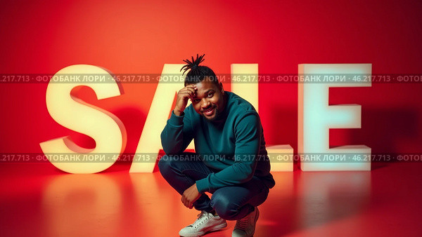 Man smiling while crouching with vibrant SALE letters in the background during a promotional event in a well-lit studio. Стоковое AI-изображение, AI-художник Sergey Grishin / Фотобанк Лори