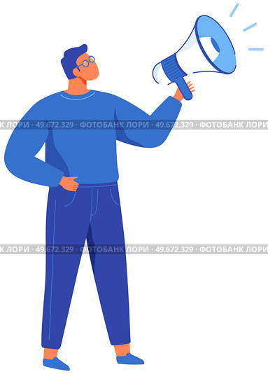 Man speaks into megaphone. Guy in glasses agitator calling for something. Male character shouts into loudspeaker to advertise. SMM, marketing strategy to attract customers. Person says advertisement. Man speaks into megaphone. Man shouts into loudspeaker to advertise. SMM, marketing strategy concept. Стоковая иллюстрация, агентство Ingram Publishing / Фотобанк Лори