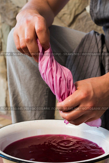 man squeezing cloth from pink natural pigment. Стоковое фото, агентство Ingram Publishing / Фотобанк Лори
