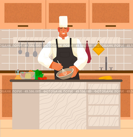 Man stand by table in kitchen at home or restaurant. Chef cook meal from products on desk. Interior with wooden surfaces and shelves with kitchenware and plates. Vector illustration of cooking process. Chef Cooking in Kitchen at Home or Restaurant. Стоковая иллюстрация, агентство Ingram Publishing / Фотобанк Лори