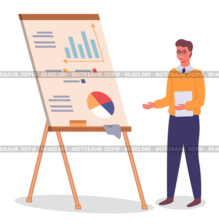 Man standing near wooden flipchart with diagram or pie chart, graphs, data, chart, infographics. Business presentation at board. Report screen with statistics, business strategies, financial plan. Man standing near wooden flipchart with diagram or pie chart, graphs, data, chart, infographics. Стоковая иллюстрация, агентство Ingram Publishing / Фотобанк Лори