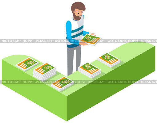 Man stands near advertising platform with books. Marketing company work, promotion, distribution concept. Male character reading product catalog with advertisement. Person near magazines on rack. Man stands near advertising platform with books. Male character reading product catalog, magazine. Стоковая иллюстрация, агентство Ingram Publishing / Фотобанк Лори