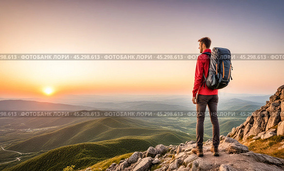 Man stands on mountain peak, backpack strapped, gazing at breathtaking sunset. Surrounded by rolling hills and valleys, reached pinnacle, embodying achievement and success. Стоковое AI-изображение, AI-художник Павел Муравьев / Фотобанк Лори