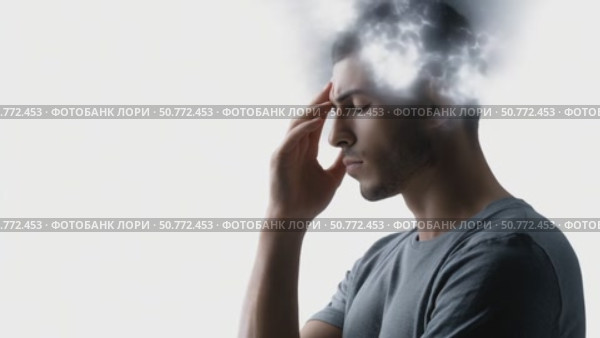 Man suffering from migraine with storm clouds inside his head. Стоковое AI-видео, аниматор Юрий Поздников / Фотобанк Лори