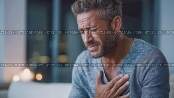 Man suffering strong chest pain, possible heart attack. Стоковое AI-видео, аниматор Юрий Поздников / Фотобанк Лори