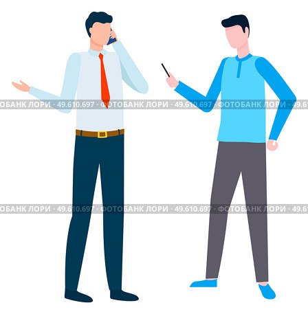 Man talking on phone vector, isolated businessman having online conference with partner. Worker with smartphone chatting with colleague flat style. Businessman and Worker Using Phones Smartphones. Стоковая иллюстрация, агентство Ingram Publishing / Фотобанк Лори