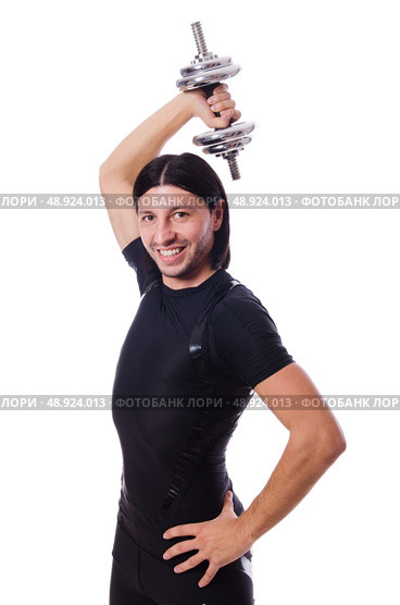 Man training with dumbbells on white. Стоковое фото, агентство Ingram Publishing / Фотобанк Лори