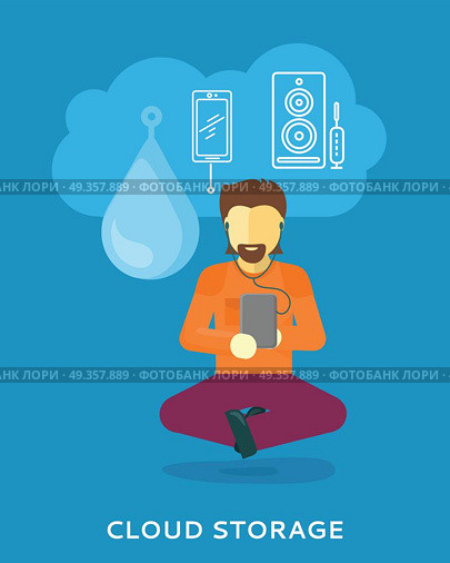 Man Uses Cloud Storage on his Tablet. Cloud storage design concept. Man uses cloud storage on tablet. Storage and cloud computing backup online data network internet web storage connection. Vector design illustraion in flat style. Стоковая иллюстрация, агентство Ingram Publishing / Фотобанк Лори